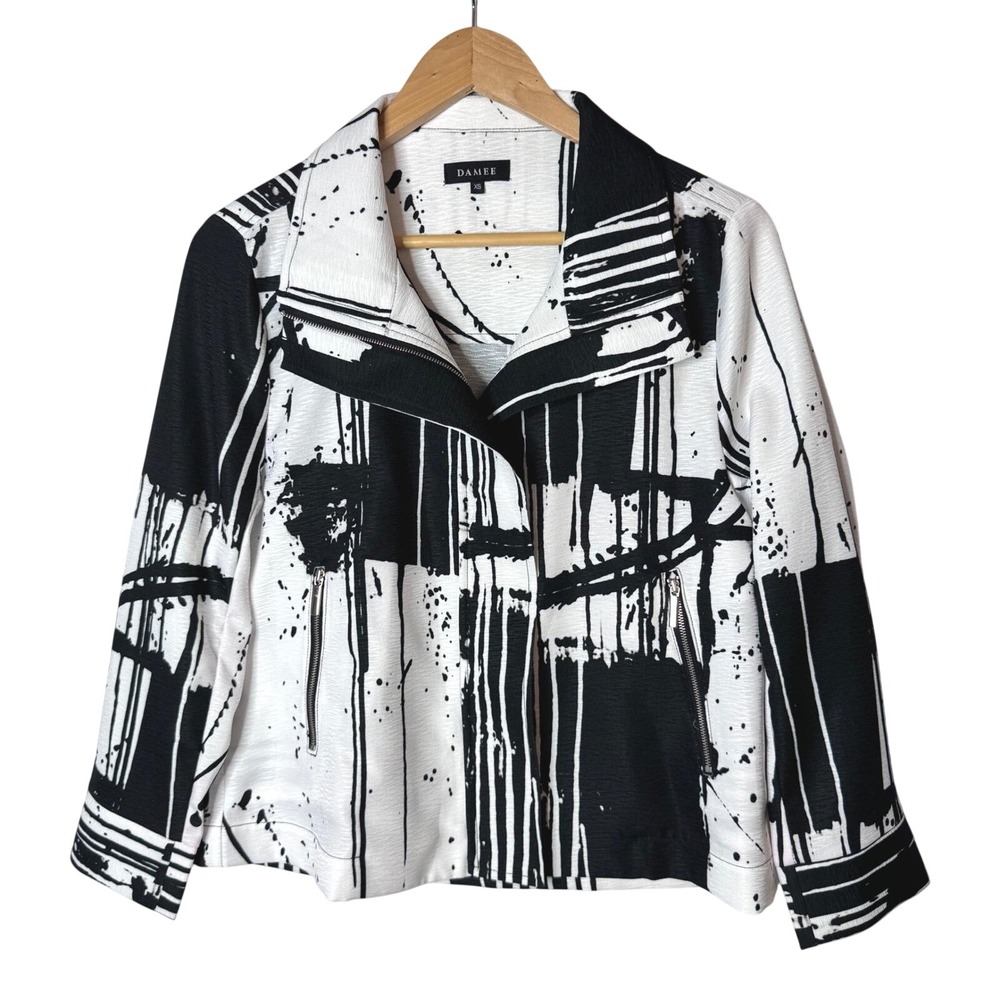 Damee Moto Jacket XS Black White Abstract Splatter Art to Wear Artsy Lagenlook